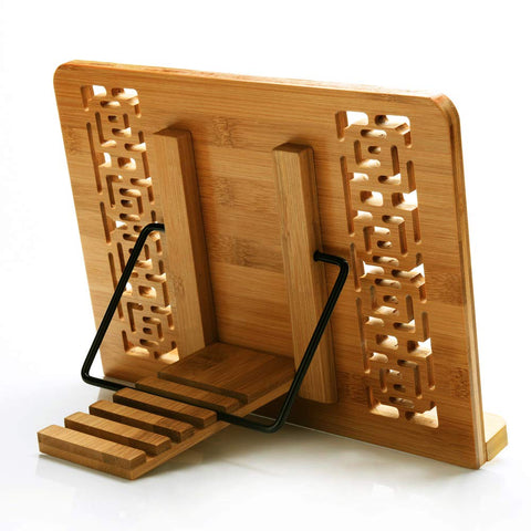 Wishacc bamboo stand supports tablet or phone for hands-free browsing.