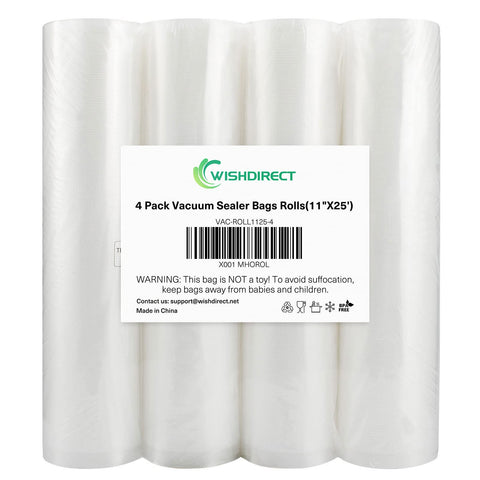 WishDirect vacuum sealer bags roll 11 by 25 inches for long term storage and sous vide prep.