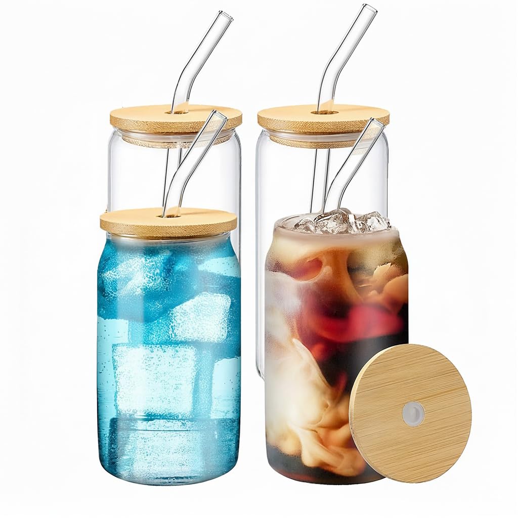 Wisimmall 16oz glass cup with bamboo lid for beer and iced coffee.