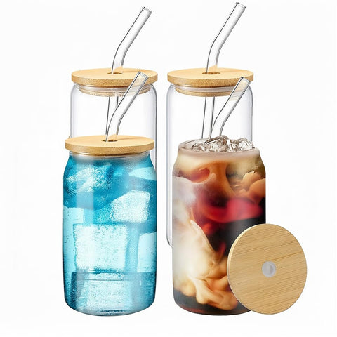 Wisimmall 16oz glass cup with bamboo lid for beer and iced coffee.