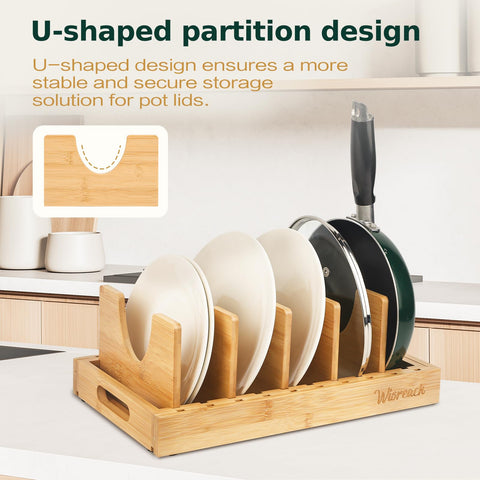 Wisreach bamboo pot lid organizer ten-panel layout creates customizable compartments for lids, trays, utensils.