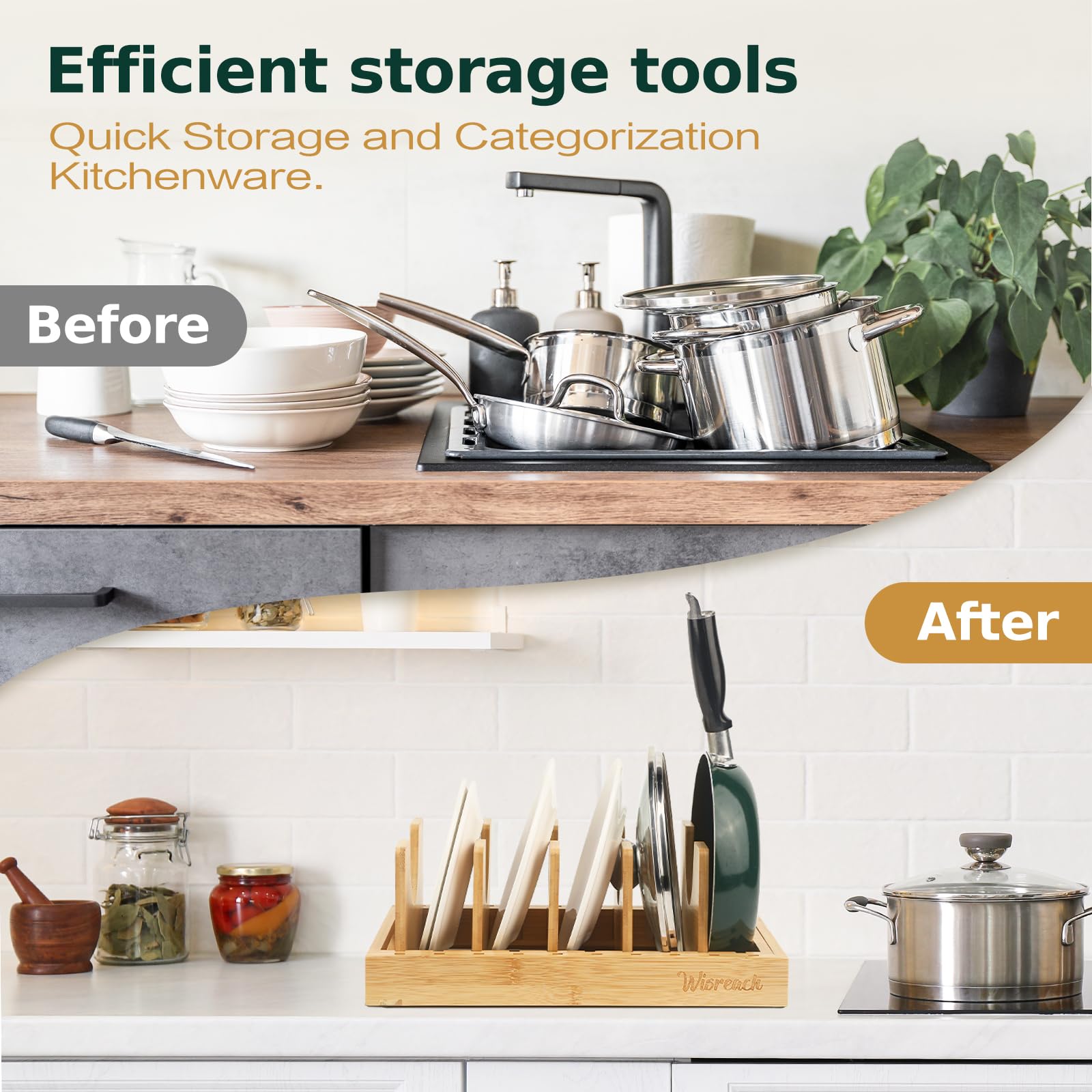 Wisreach bamboo pot lid organizer non-slip base keeps heavy lids in place during use.