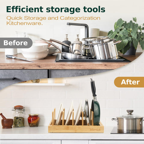 Wisreach bamboo pot lid organizer non-slip base keeps heavy lids in place during use.
