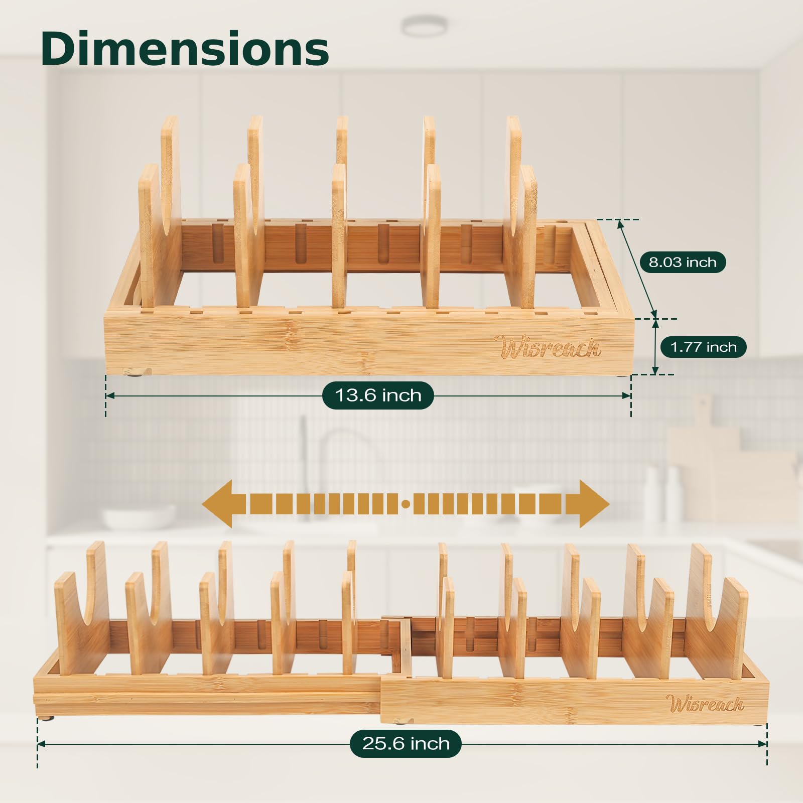 Wisreach bamboo pot lid organizer expandable frame enabling precise fit from 13.7 to 25.6 inches.