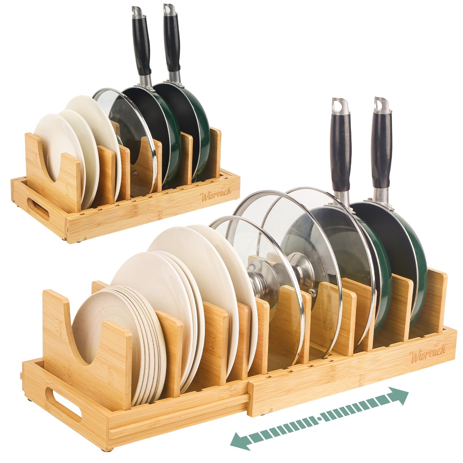 Wisreach bamboo pot lid organizer with a built-in hollow handle for easy transport.