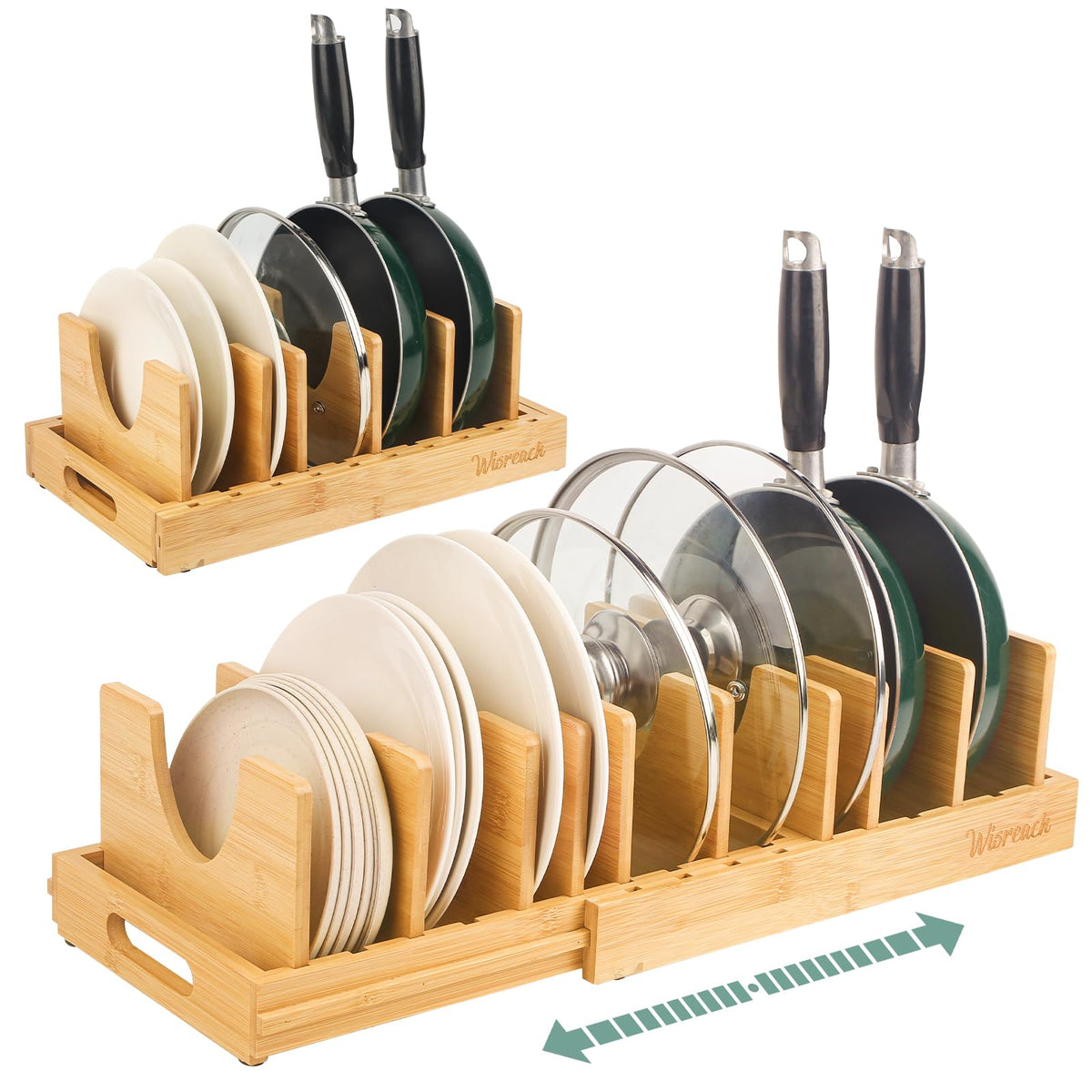 Wisreach bamboo pot lid organizer with a built-in hollow handle for easy transport.