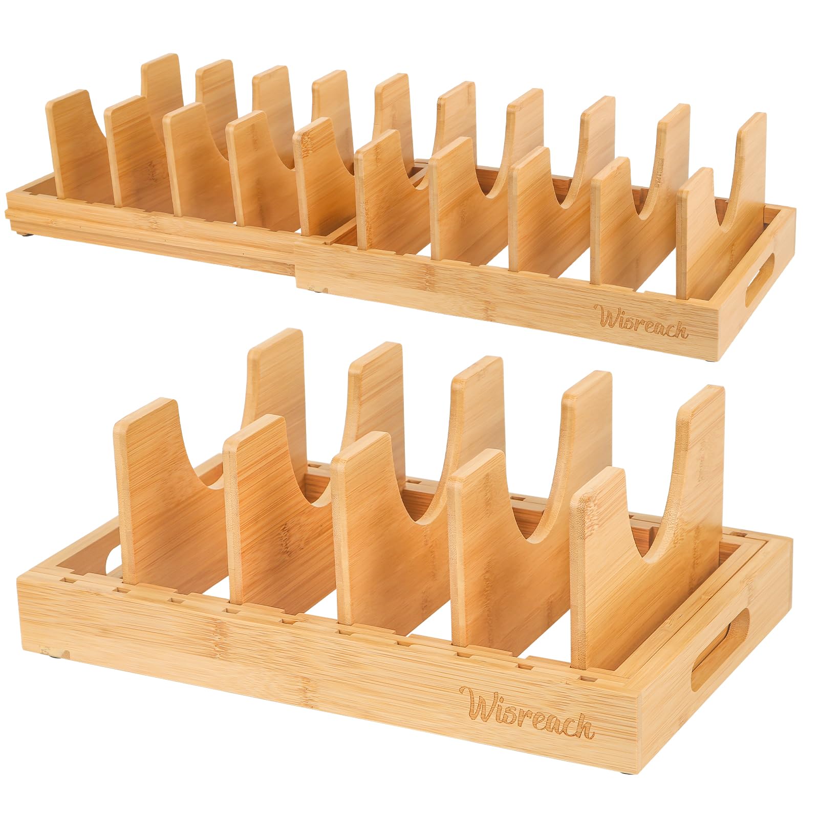 Wisreach bamboo pot lid organizer heavy-duty construction supports daily kitchen use.