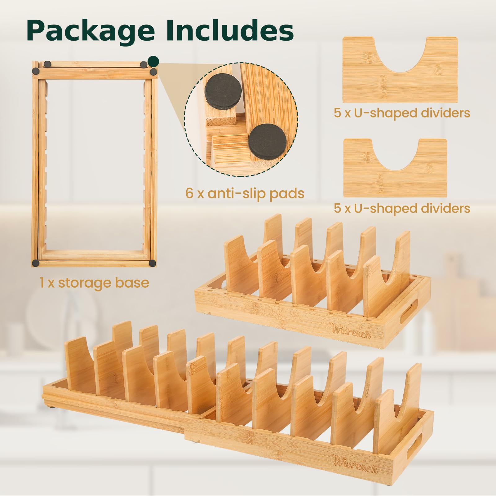 Wisreach bamboo pot lid organizer sleek design blends with modern or rustic kitchens.