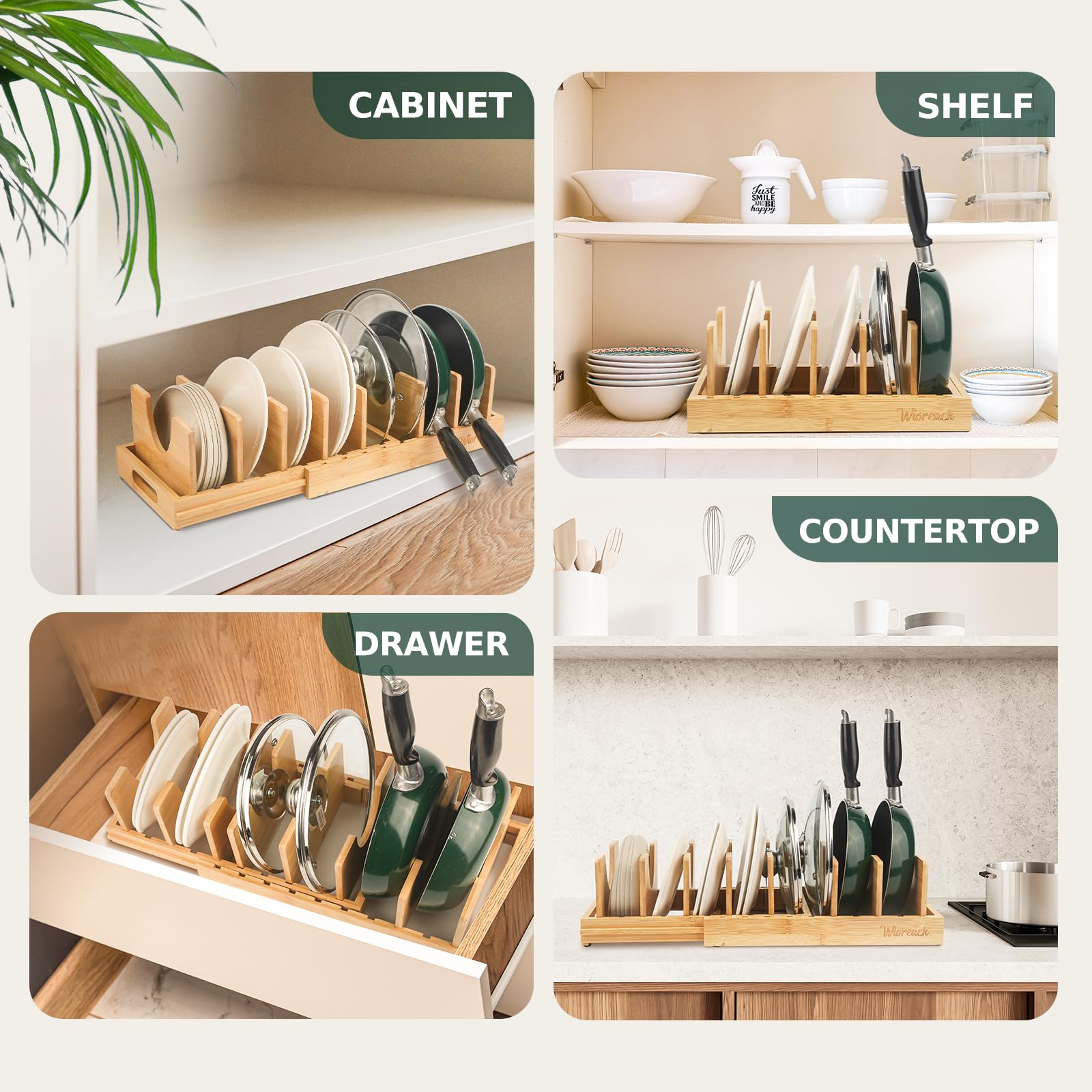 Wisreach bamboo pot lid organizer space-saving cabinet for lids, bakeware, cutting boards.