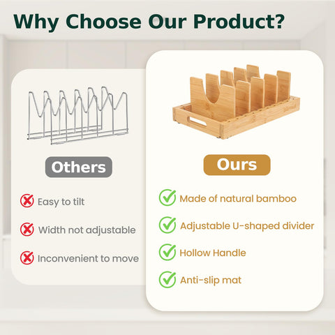Wisreach bamboo pot lid organizer U-shaped slots cradle knobs for stable storage.