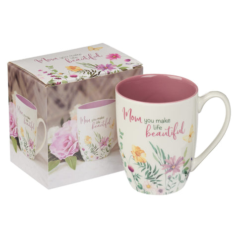 WITH LOVE floral mug closeup, a charming birthday or Mother's Day gift.