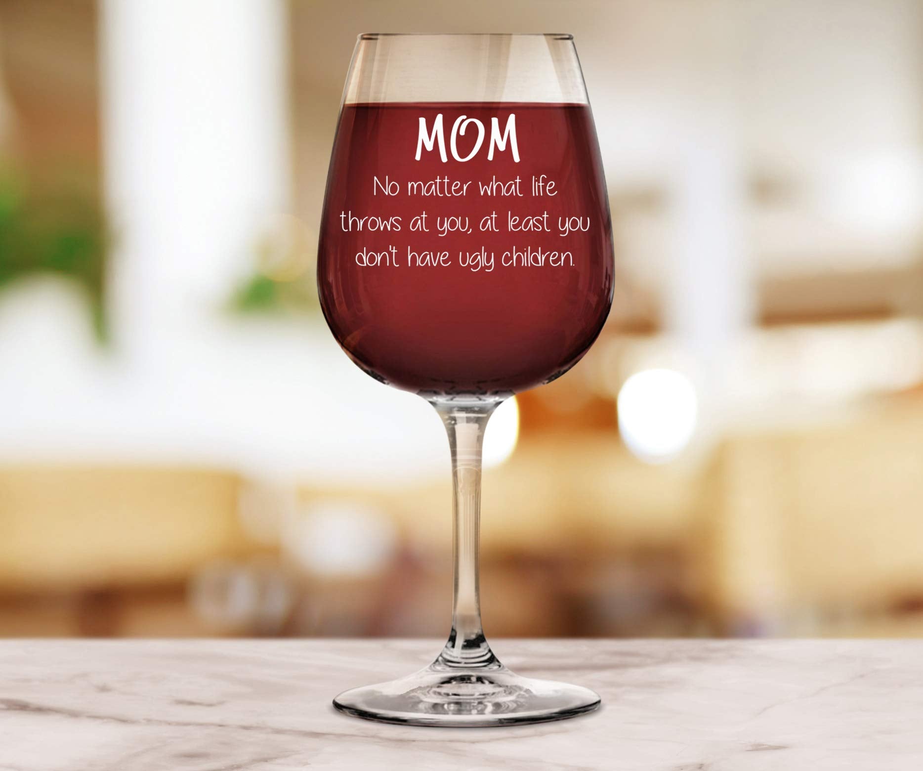 Wittsy Mom No Matter What glass with humorous message adds lighthearted gifting