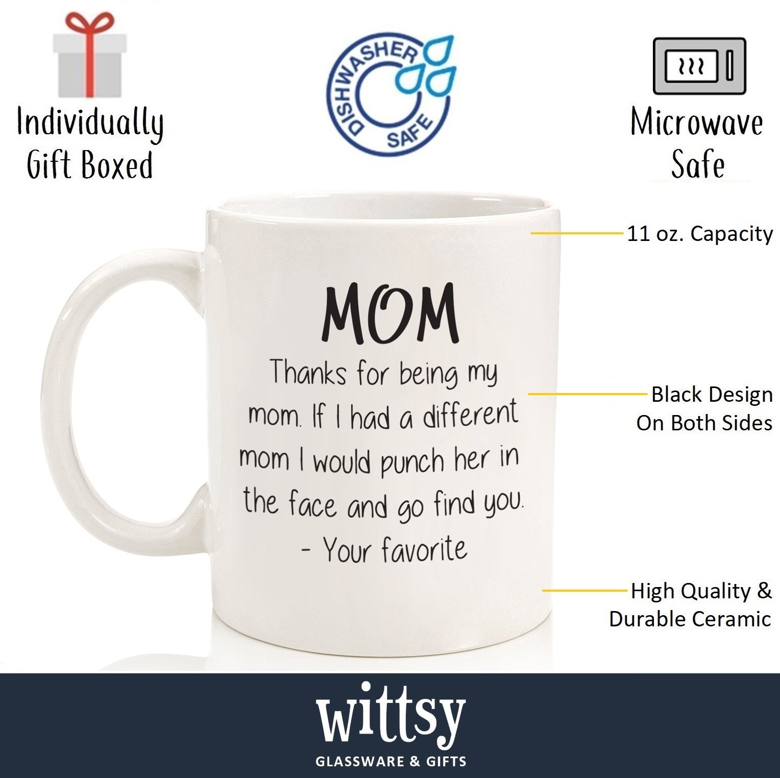 Wittsy Thanks For Being My Mom mug front design, bold message