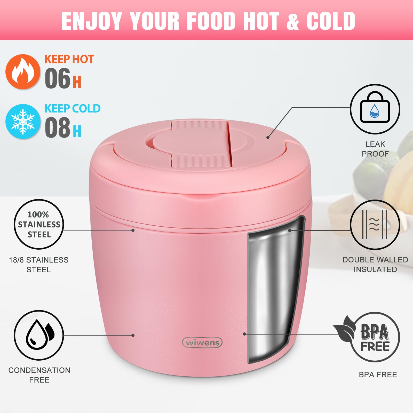 wiwens Thermo Food Jar pink2 leakproof cap seals securely to prevent spills during transport