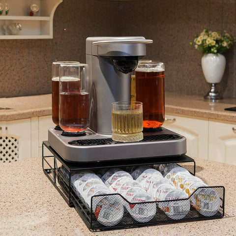 Pull-out pod drawer design keeps pods organized and accessible during busy cocktail hours