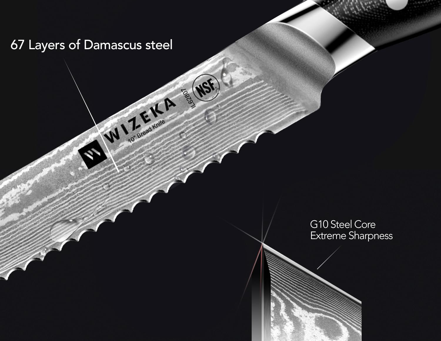 WIZEKA Damascus bread knife handle offers comfortable grip during prep