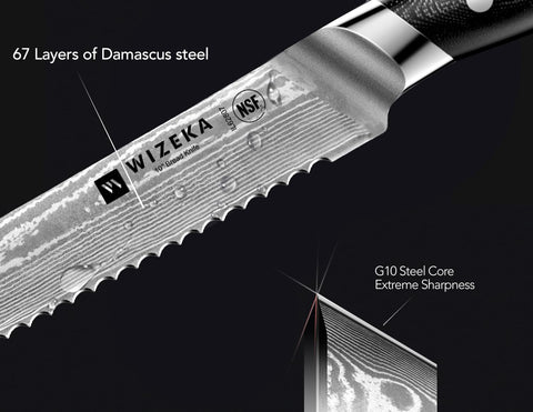 WIZEKA Damascus bread knife handle offers comfortable grip during prep