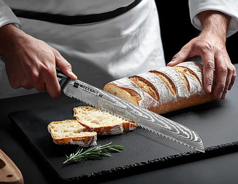 WIZEKA Damascus bread knife in use by home bakers slicing bread