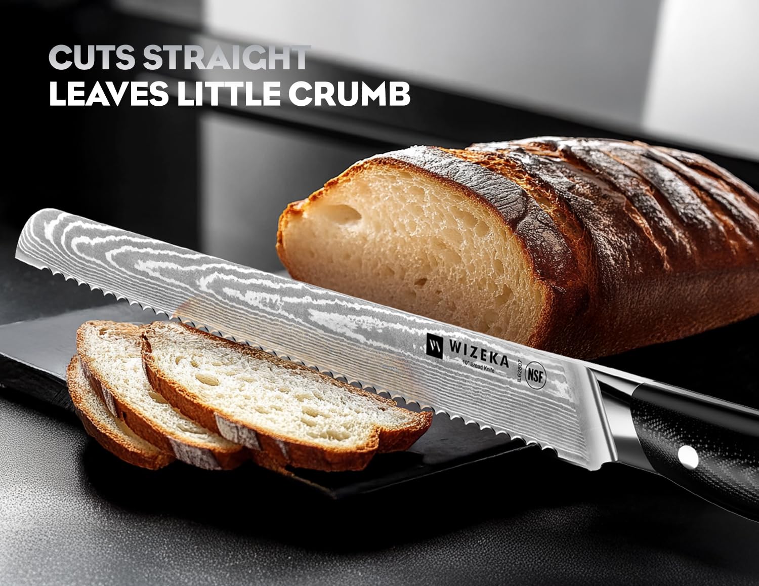 WIZEKA Damascus serrated edge ideal for crusty loaves and even slices
