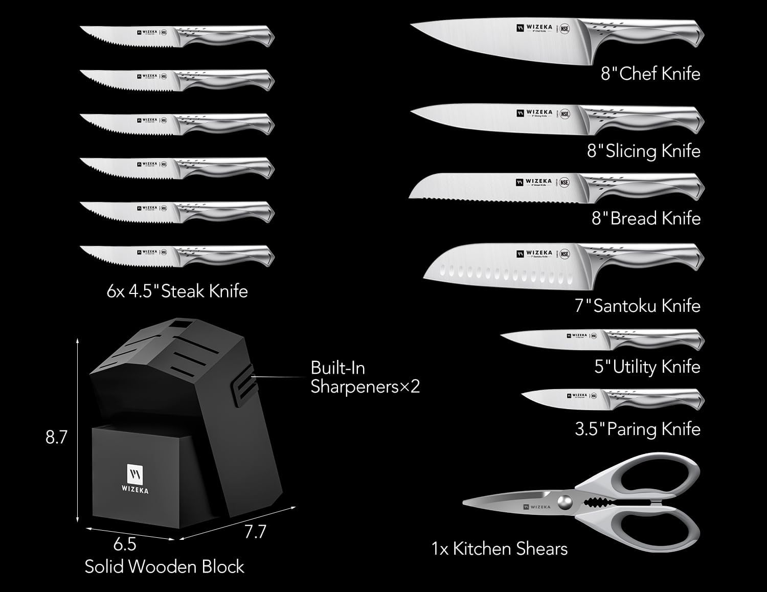 Wizeka high-carbon German stainless steel resists rust and maintains sharpness.