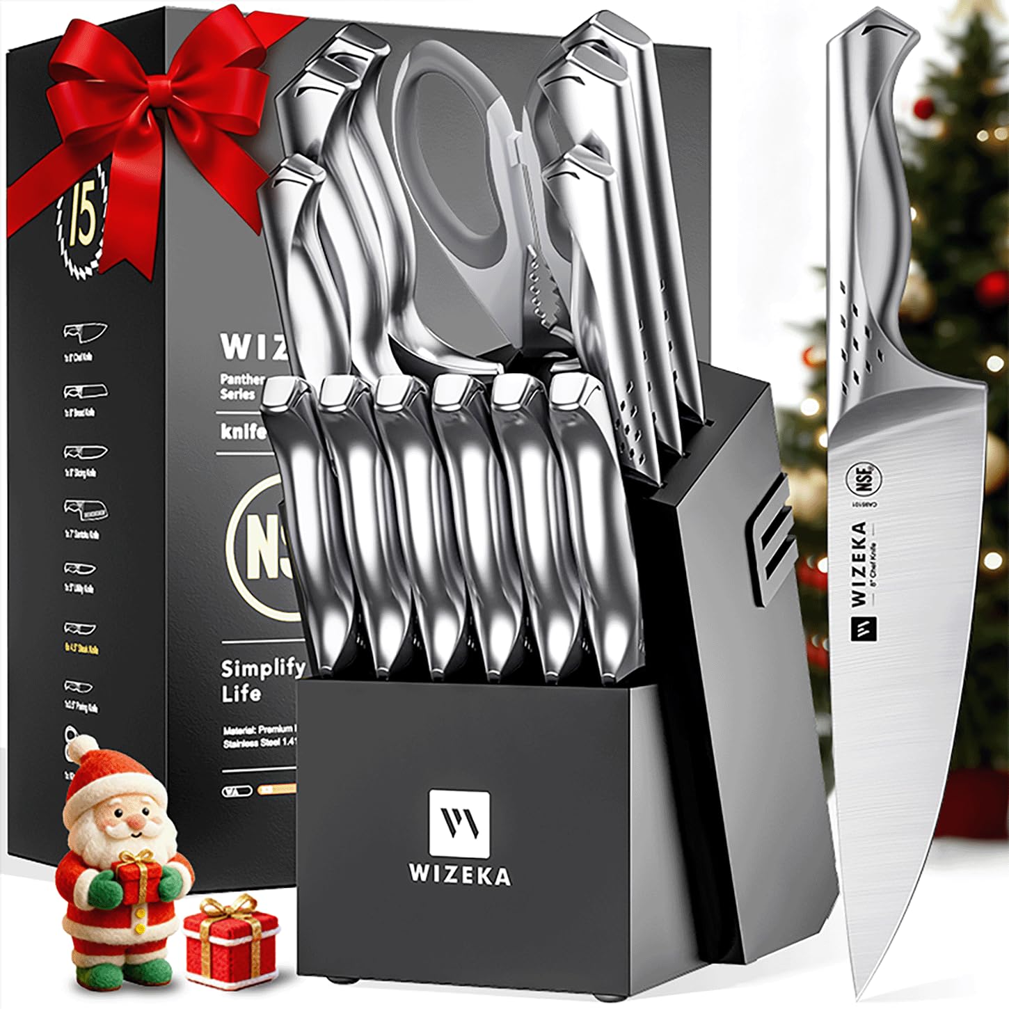Wizeka Jaguar Series knife set shows razor-sharp blades for precise slicing.