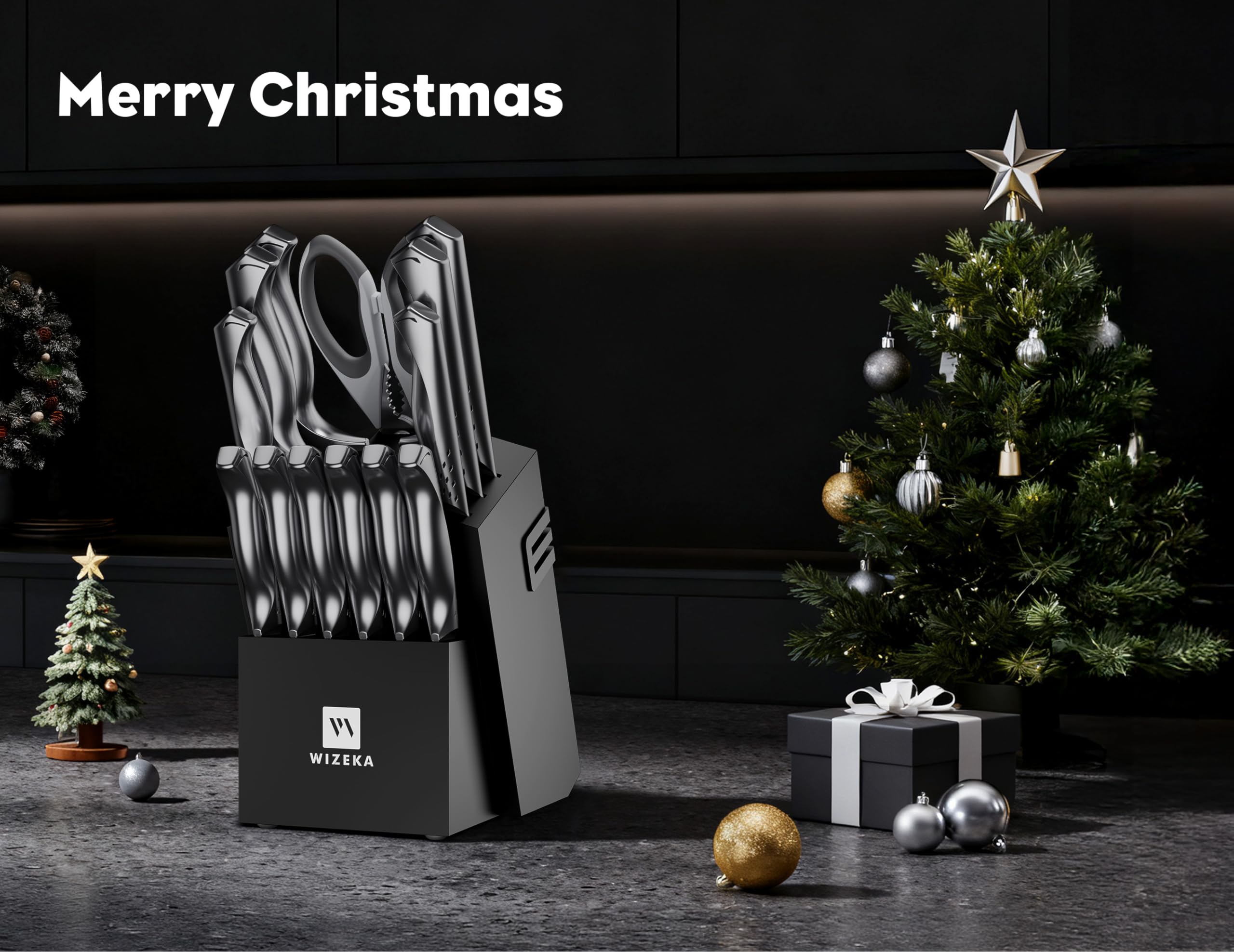 Wizeka knife block with sharpener keeping blades organized and ready.
