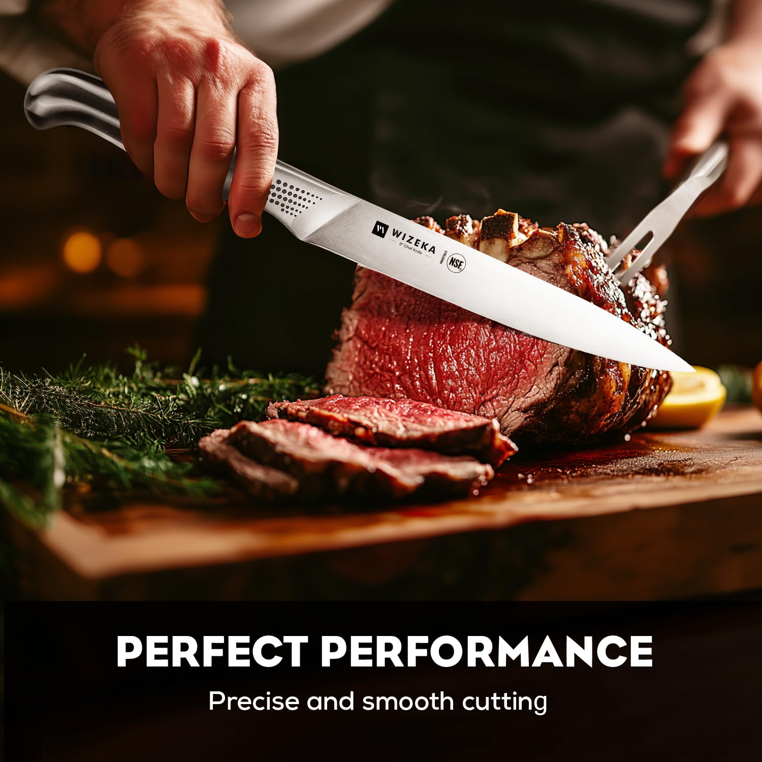 WIZEKA premium stainless steel carving set displayed on table
