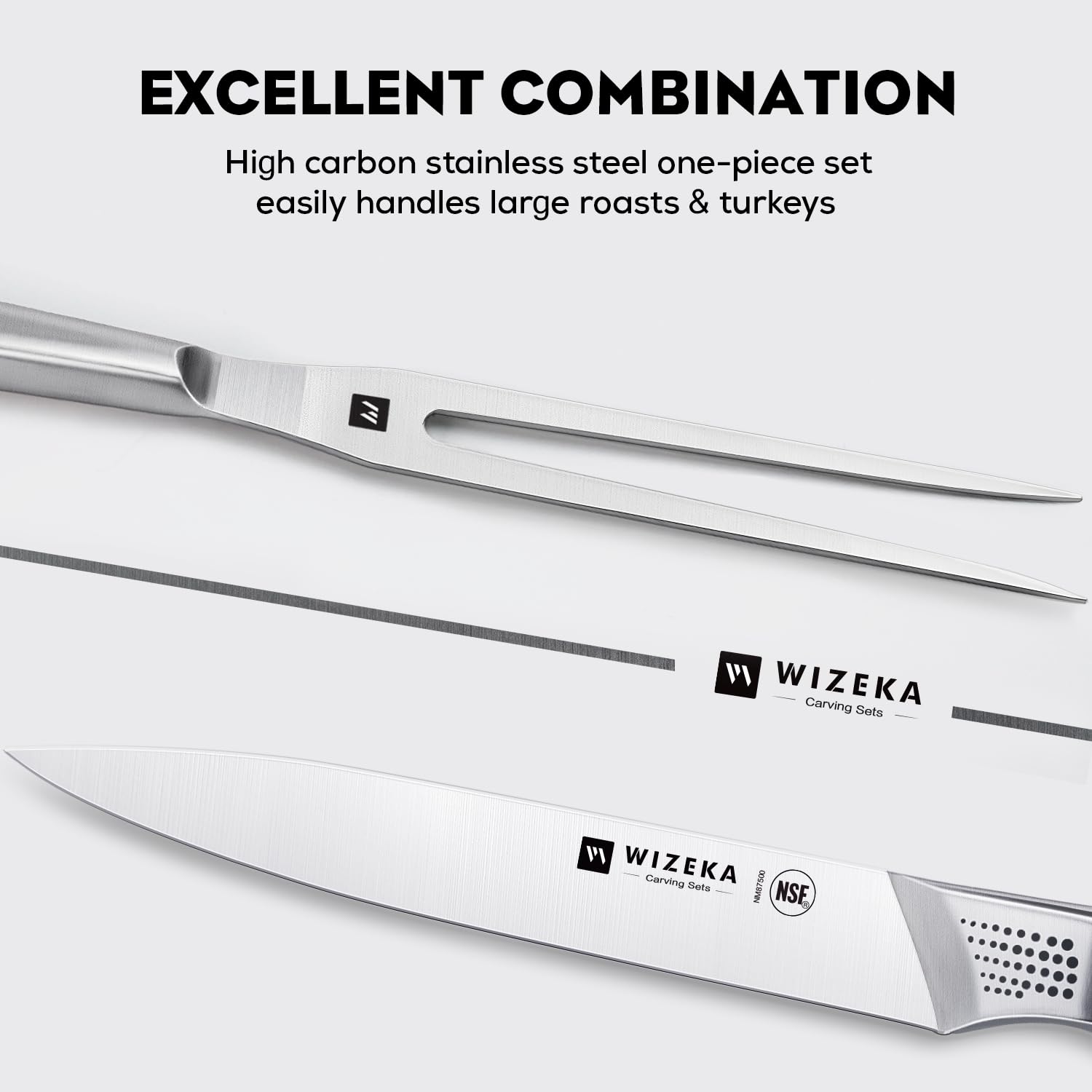 WIZEKA carving fork with widened tips secures large meat cuts
