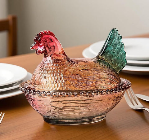 WKHOKI glass hen on nest candy dish with lid for snacks and desserts