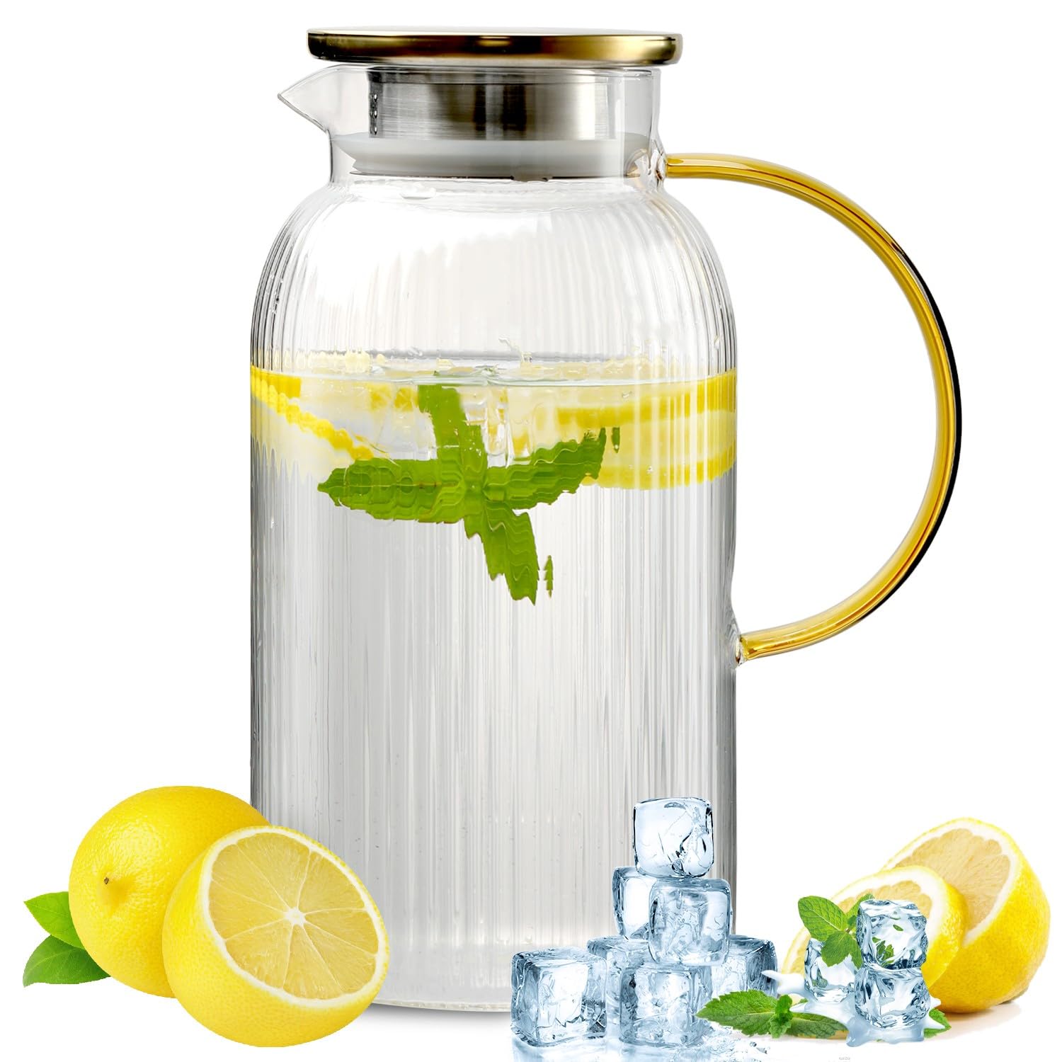 Wlasss 68oz glass pitcher with lid for spill-free pouring and heat tolerance.