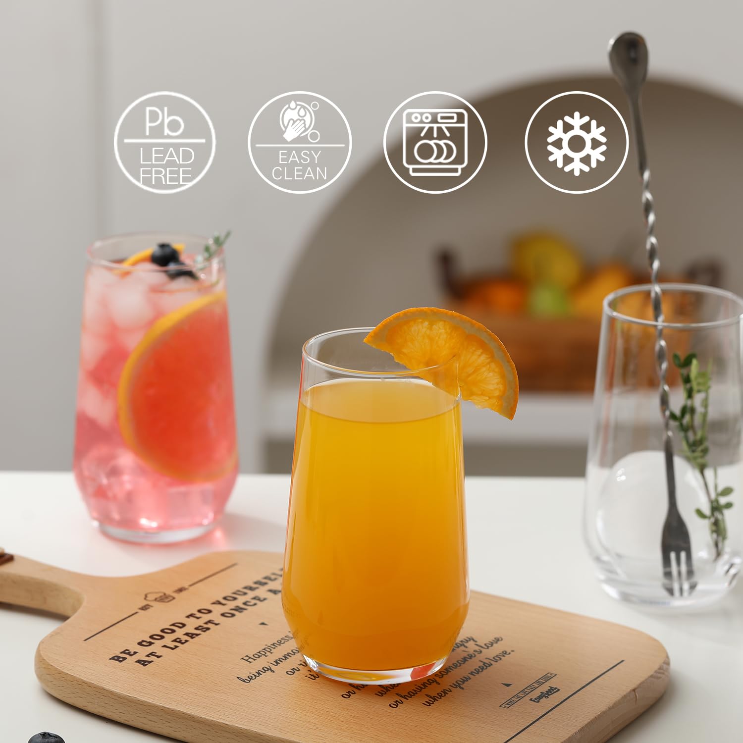Wlasss clear glassware showcases drink color and layering for any beverage.
