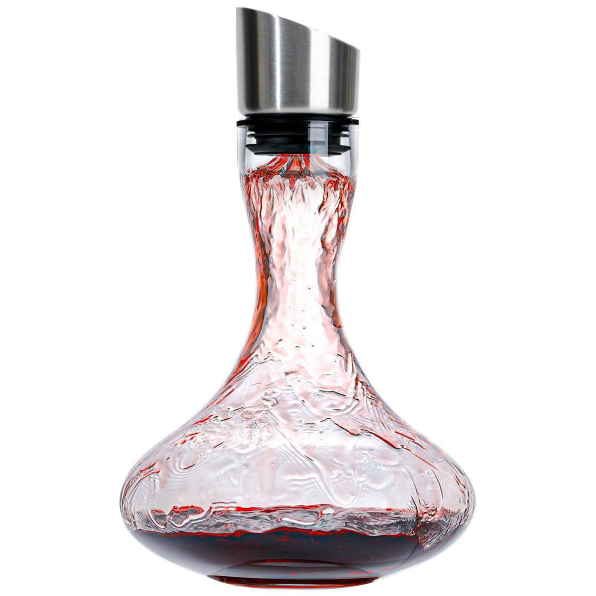 Wlasss hand blown wine decanter with aerator for faster flavor bloom.