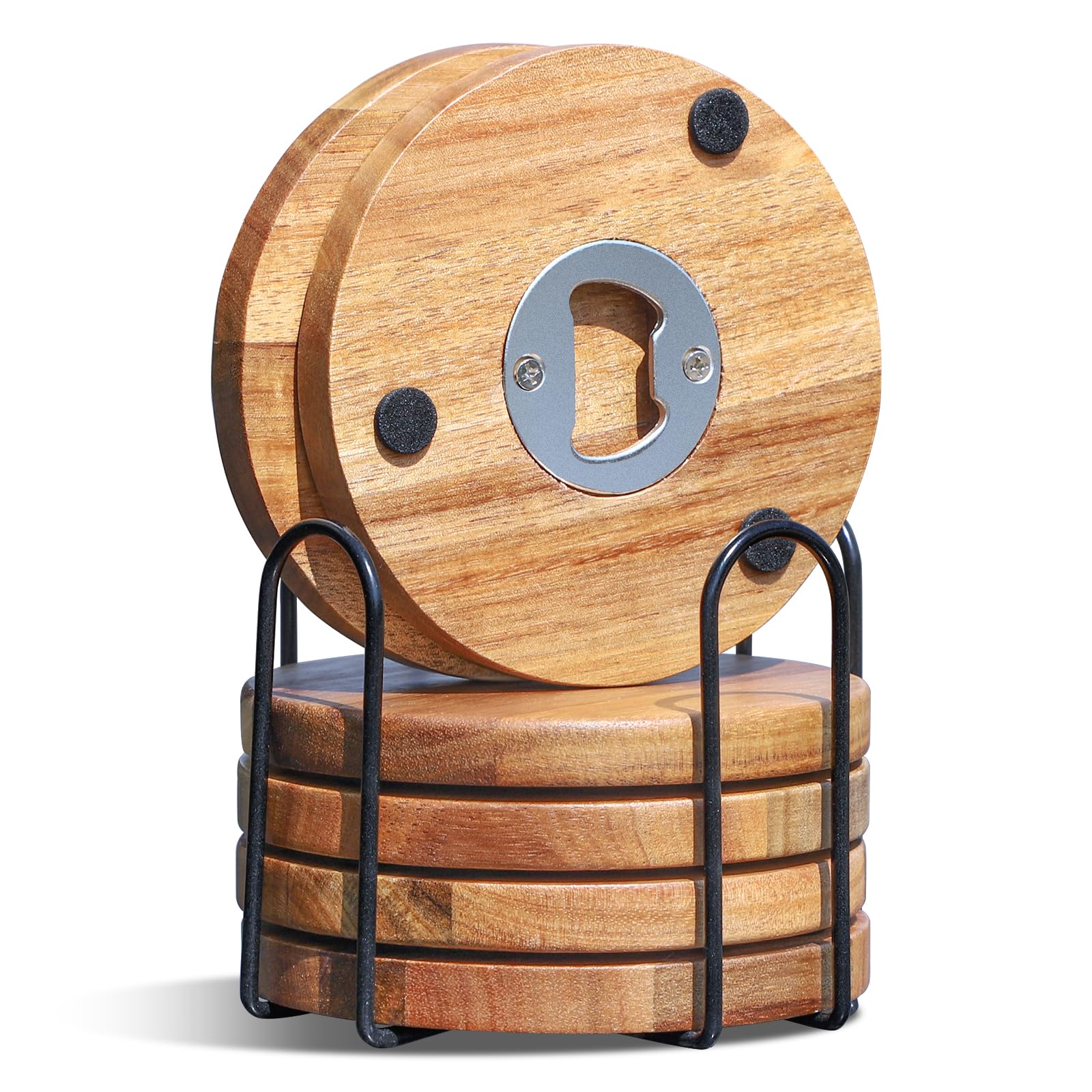 WLWNWFT bottle-opener holder coaster set on table for quick drink access
