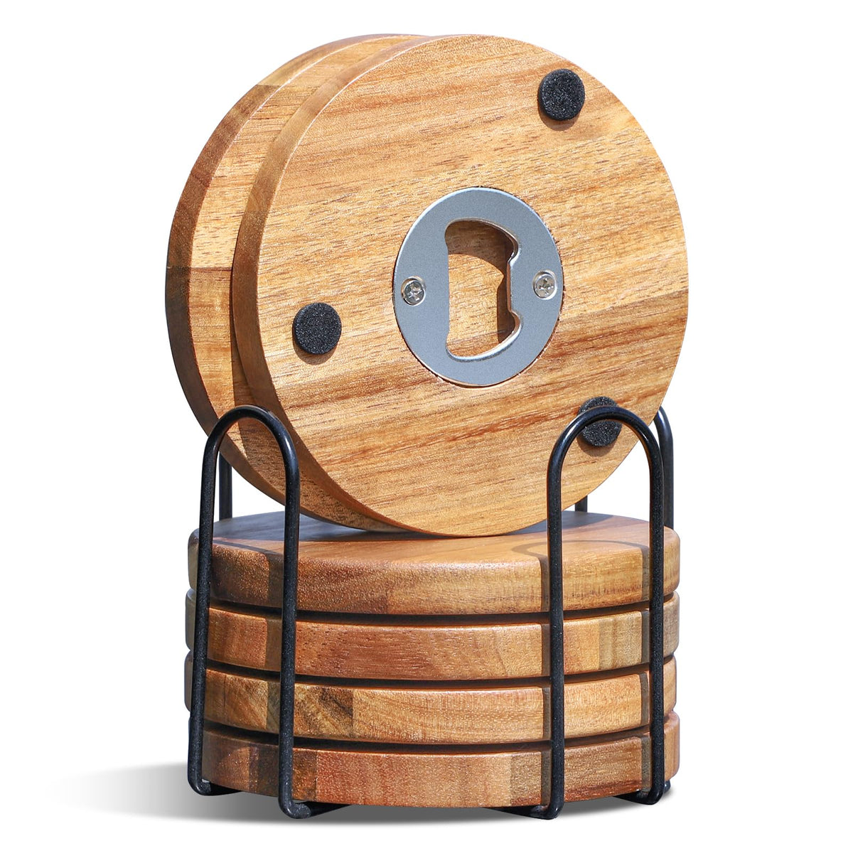 WLWNWFT bottle-opener holder coaster set on table for quick drink access