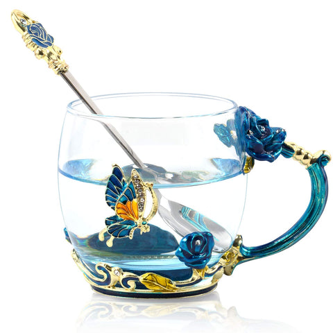WOBOX summer enamel tea mug featuring 3D butterfly and flower design for stylish tea moments.