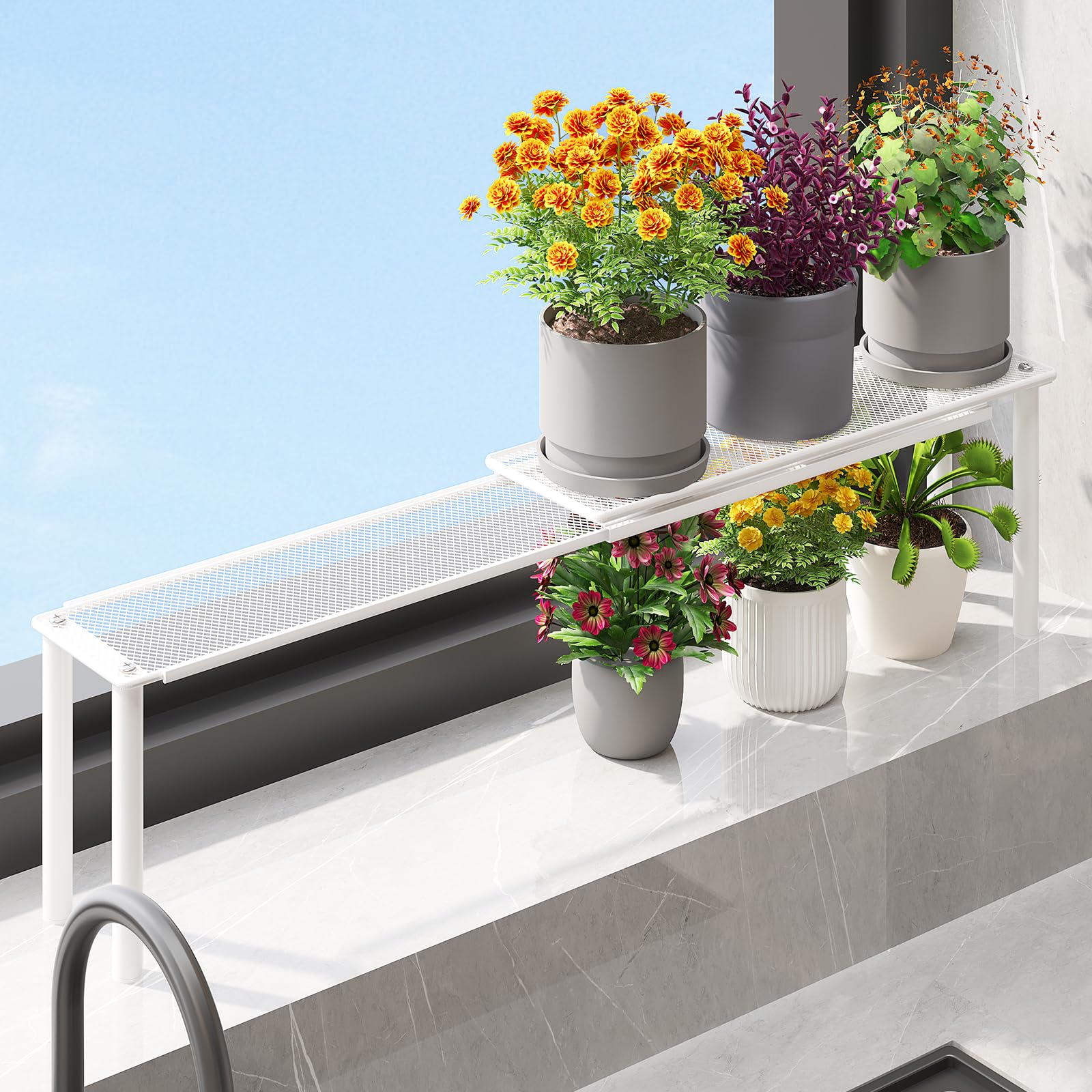 WOCHUANGSI expandable window shelf displays plants on a sunlit sill for space-saving display.