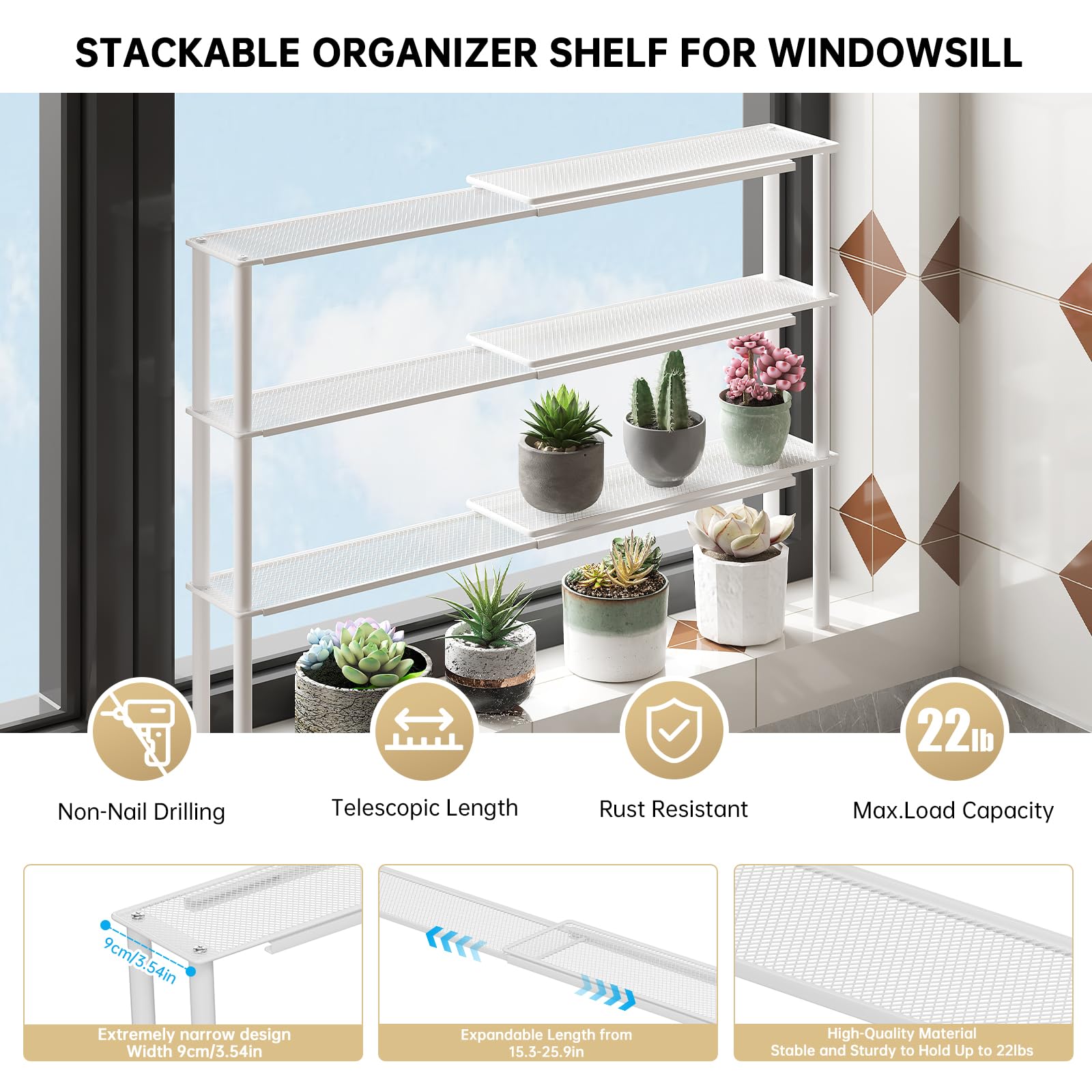 WOCHUANGSI narrow stackable shelf adds vertical storage for small items.