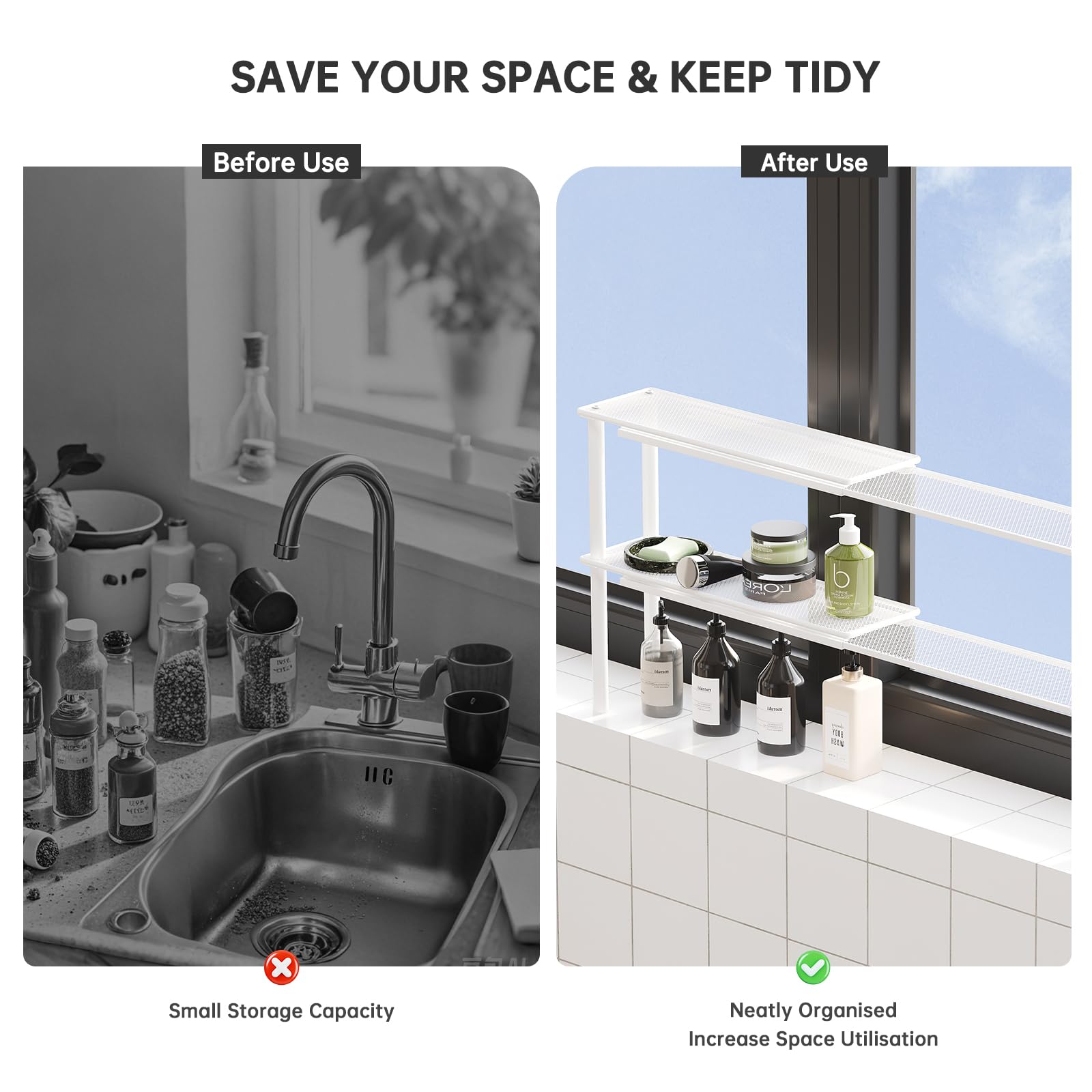 WOCHUANGSI expandable shelf holds small vases and decor near windows.
