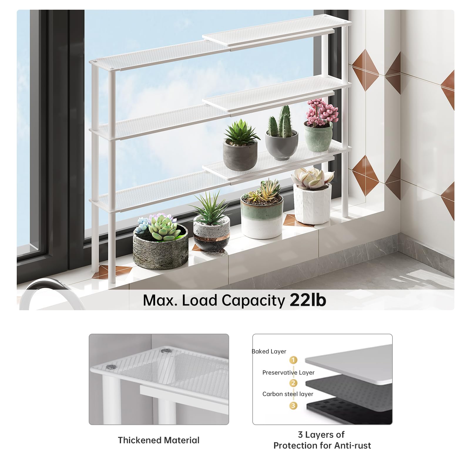 WOCHUANGSI window shelf fits narrow spaces beside windows or sinks.