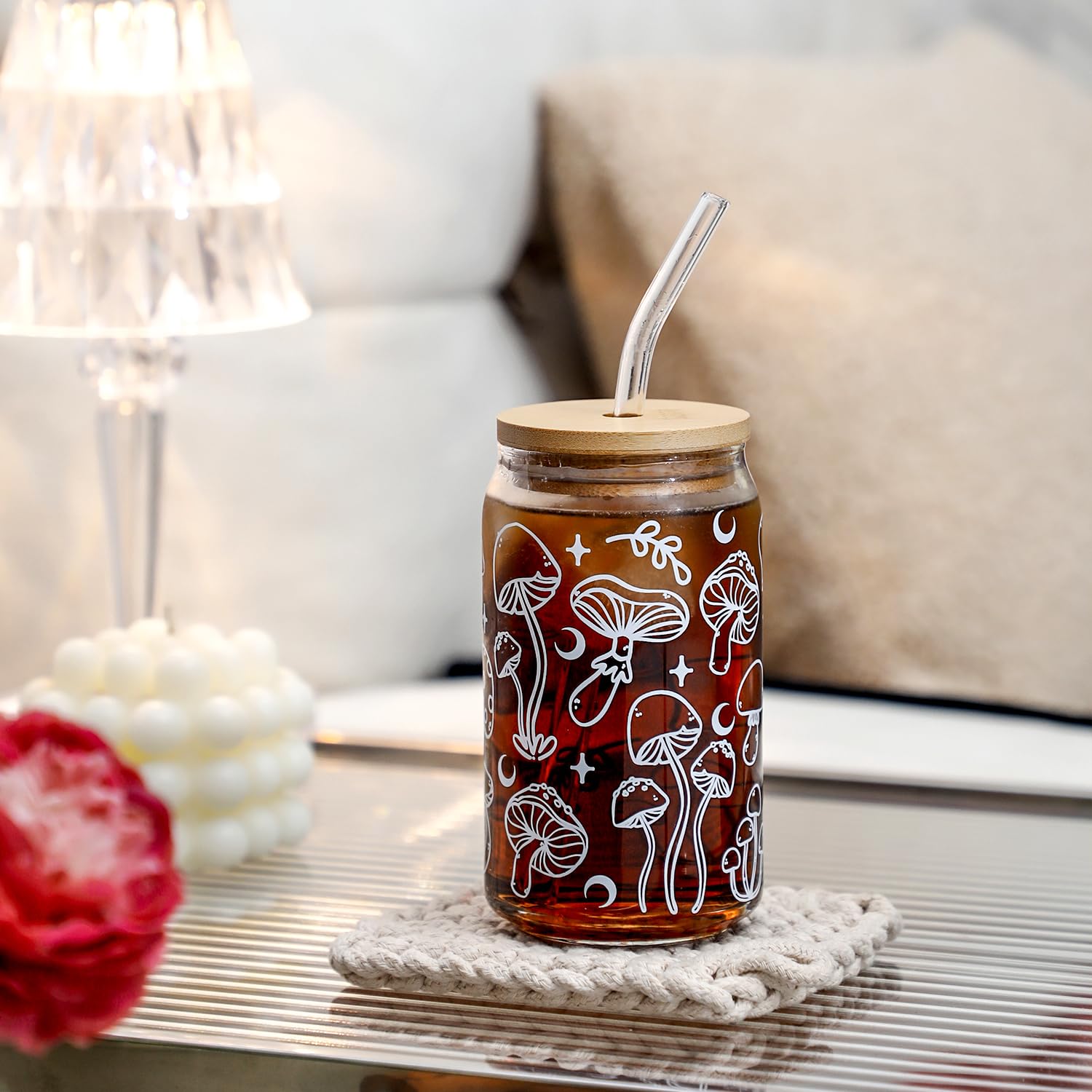 WODOHOLO mushroom print glass showing vibrant cottagecore design