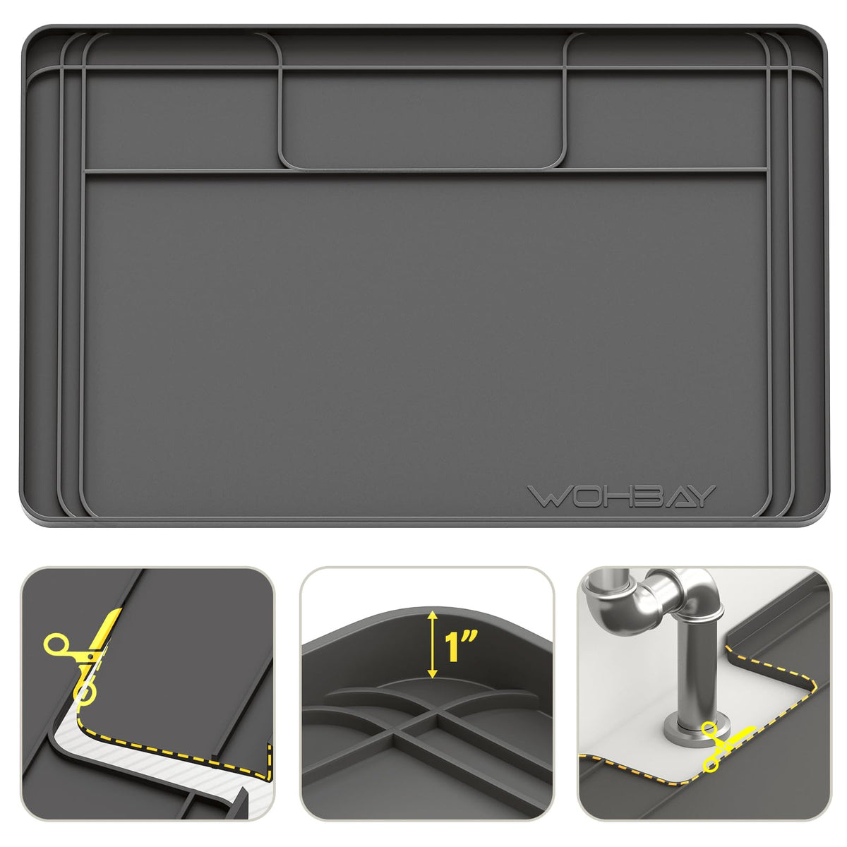 Wohbay under-sink mat 34x22 with trim-to-fit edge for tight cabinets.
