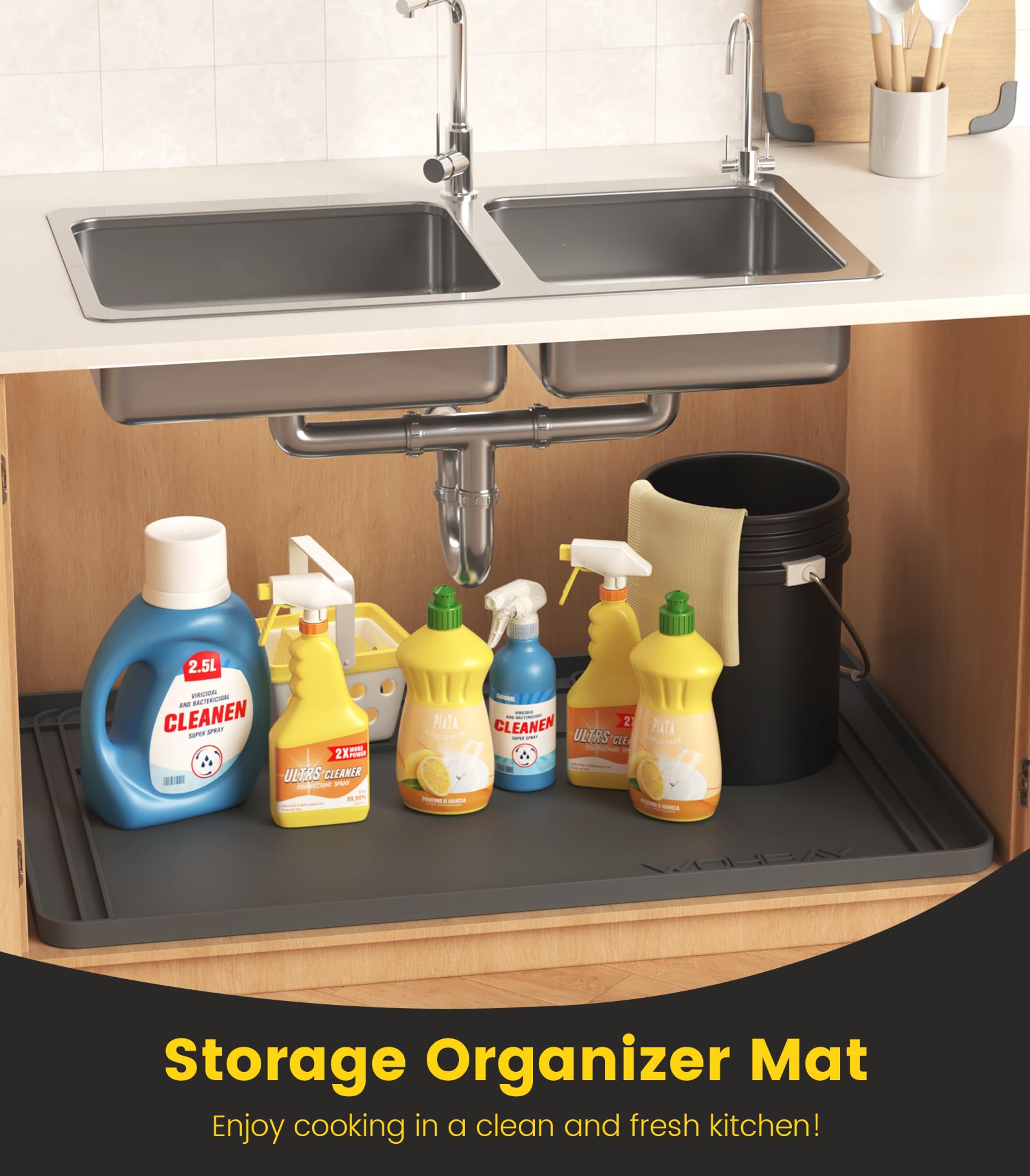 Wohbay under-sink mat trimmed edge adapts to pipes and corners.