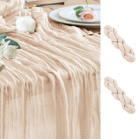 Wokceer cheesecloth table runner main image showing two beige 10ft runners for festive tables.