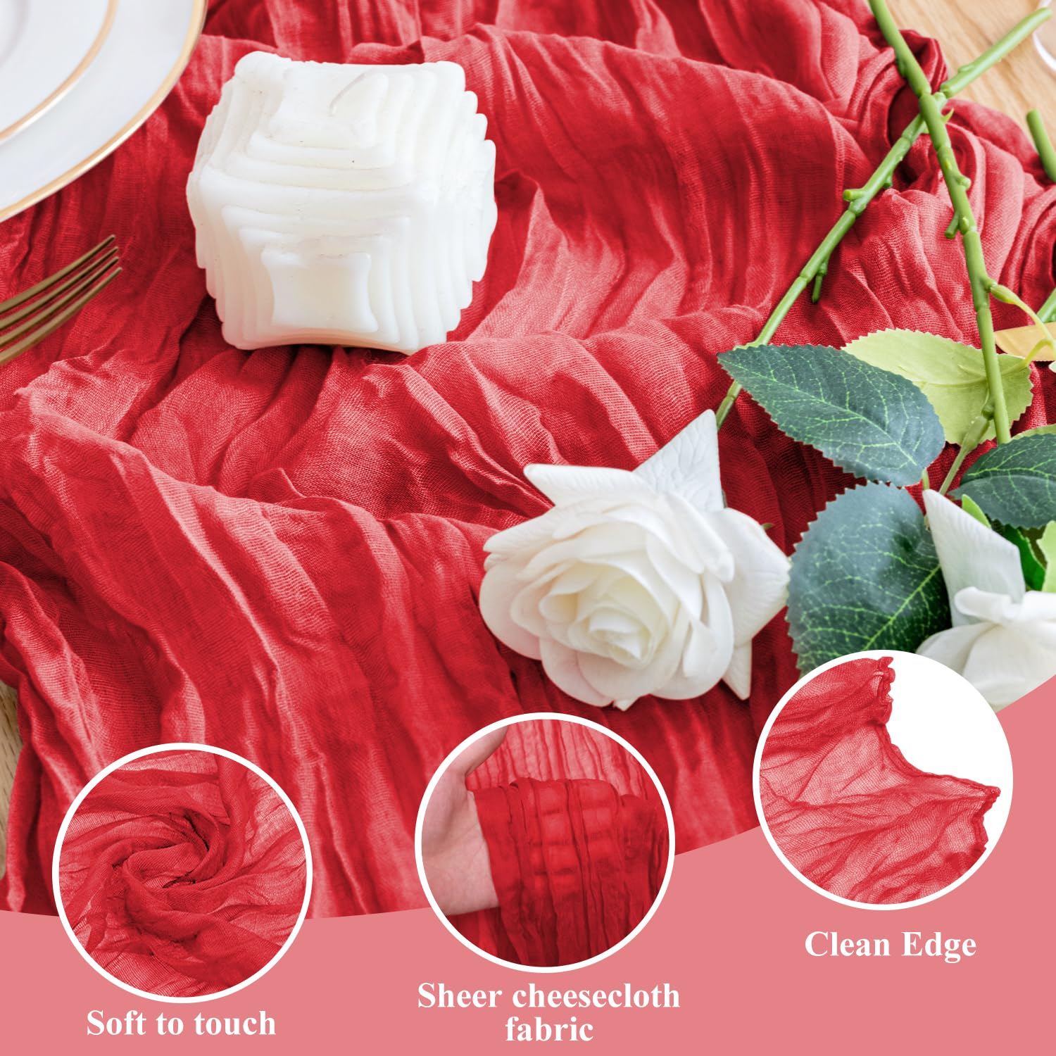 Wokceer red cheesecloth table runner with candles and flowers for elegant decor.