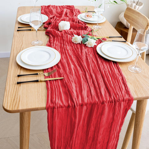 Wokceer red cheesecloth table runner close-up texture highlights gauze details.