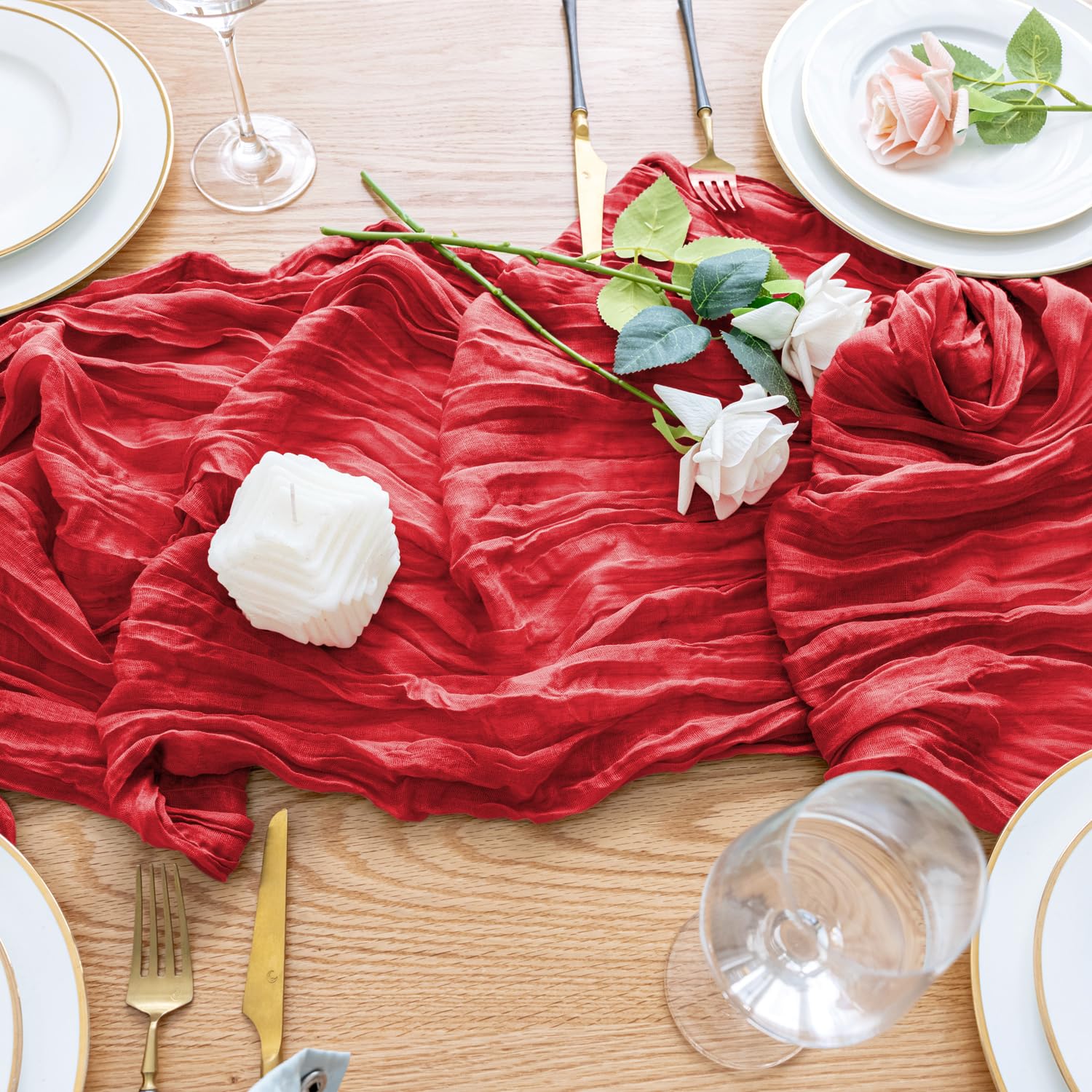 Wokceer red cheesecloth table runner long 10ft length for large tables.
