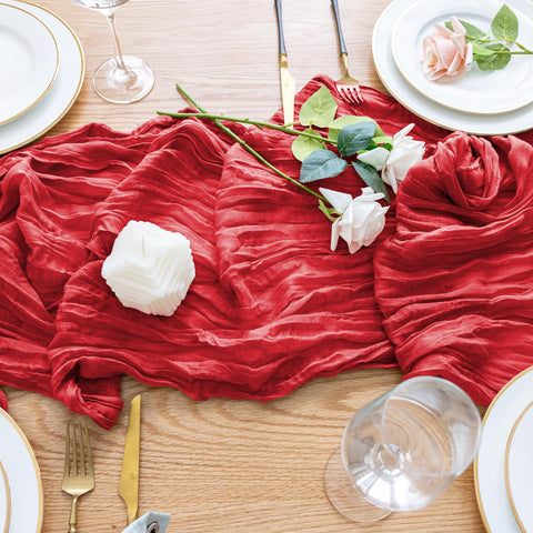 Wokceer red cheesecloth table runner long 10ft length for large tables.