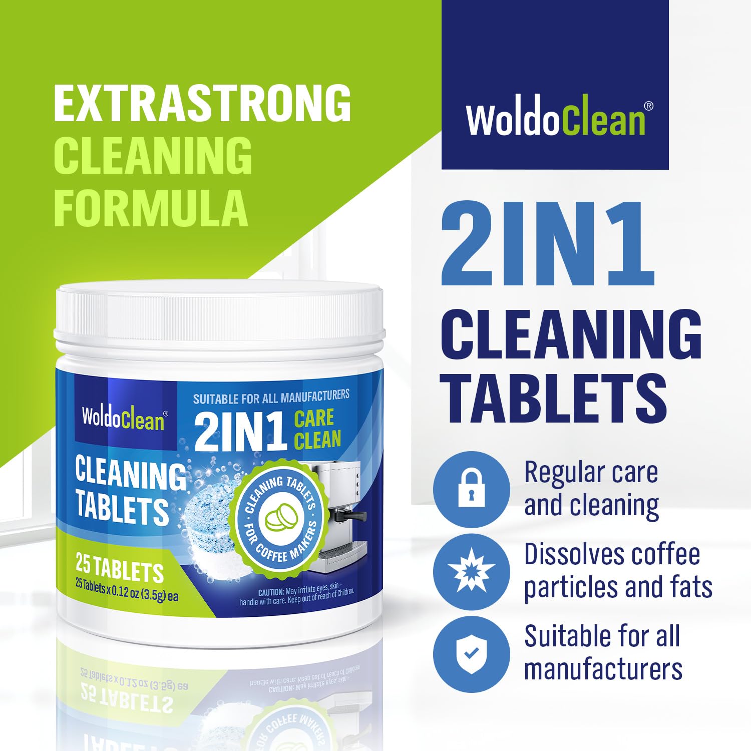 Packaging showing a 25-tablet box for convenient maintenance.