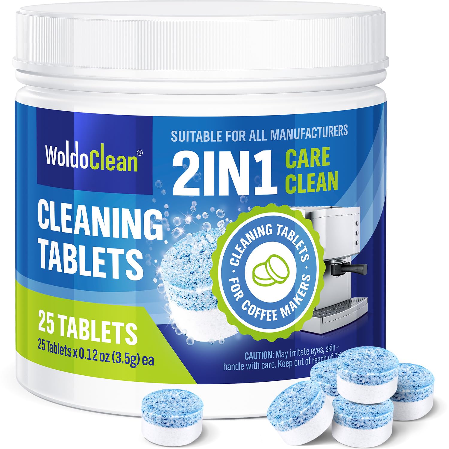 WoldoClean 2-phase espresso cleaning tablets dissolving oils and residues.