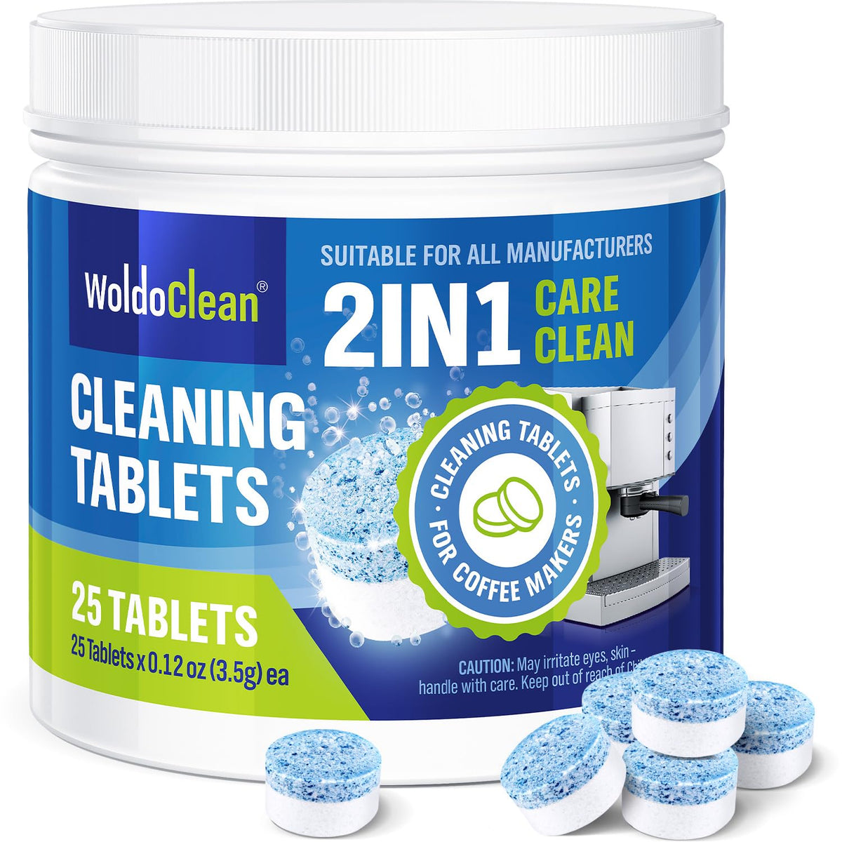 WoldoClean 2-phase espresso cleaning tablets dissolving oils and residues.